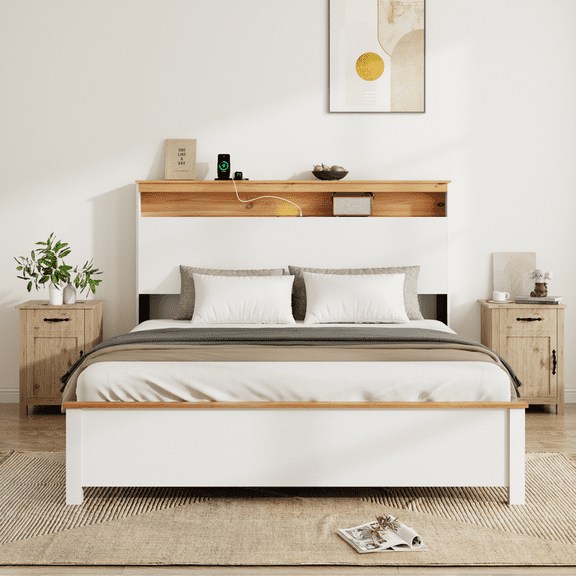 NNV Full Size Platform Bed Frame with Storage Headboard, Charging Station & Touch Light, White