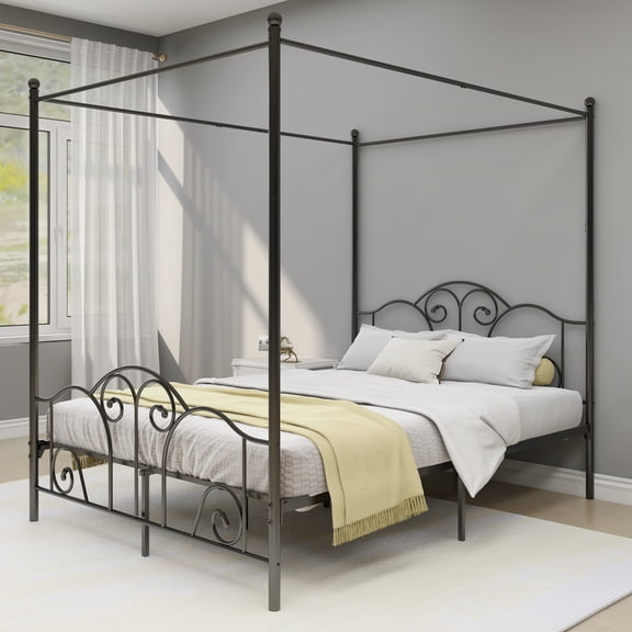 NNV Queen Size Four-Poster Metal Canopy Bed Frame with Wavy Headboard and Footboard,Black