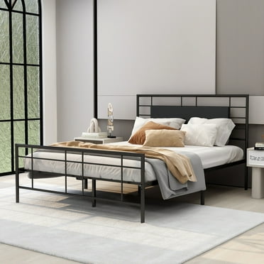 NNV Queen Size Platform Metal Bed Frame with Leather Upholstered Headboard, Black