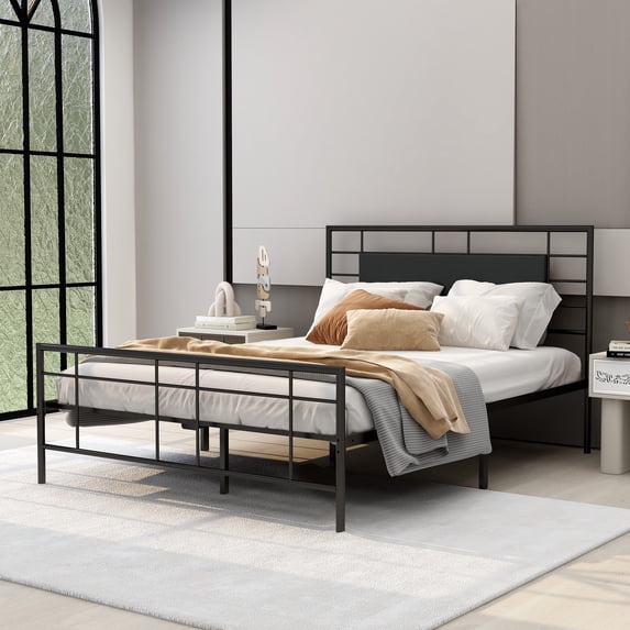 NNV Queen Size Platform Metal Bed Frame with Leather Upholstered Headboard, Black