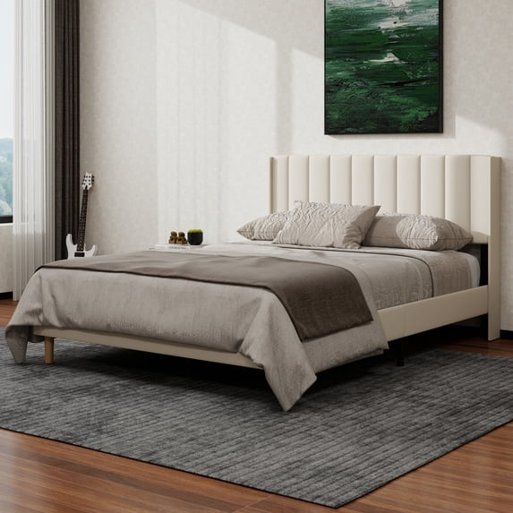 NNV Queen Upholstered Platform Bed with Vertical Channel Tufted Headboard,Wooden Slats Support,Beige Velvet
