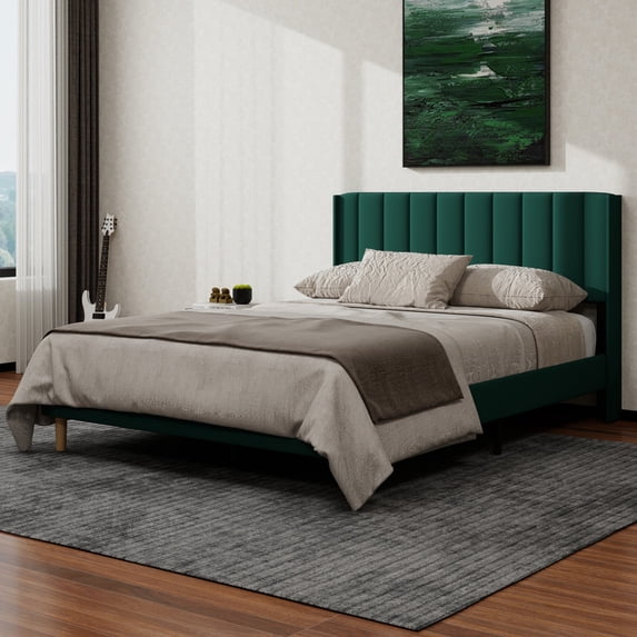 NNV Queen Upholstered Platform Bed with Vertical Channel Tufted Headboard,Wooden Slats Support,Green Velvet