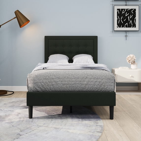 NNV Twin Size Bed Frame Linen Upholstered Platform with Adjustable Headboard,Black