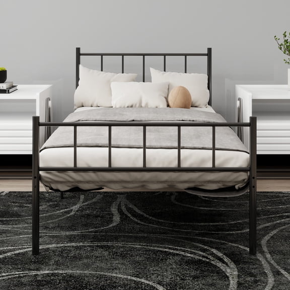 NNV Twin Size Metal Platform Bed Frame with Headboard Sturdy Steel Slats Support,Black