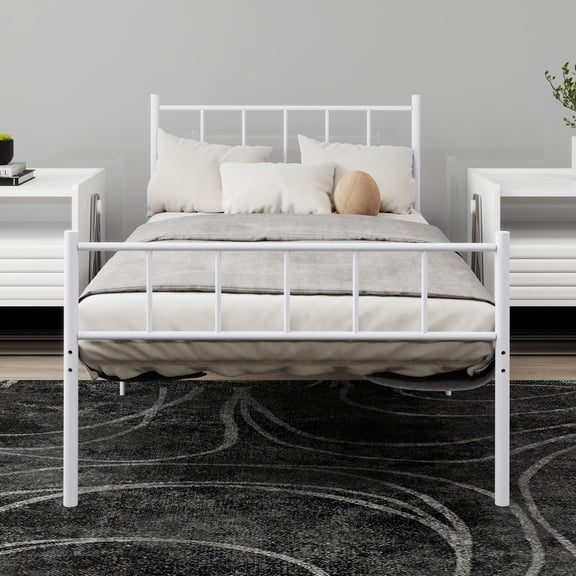 NNV Twin Size Metal Platform Bed Frame with Headboard Sturdy Steel Slats Support,White