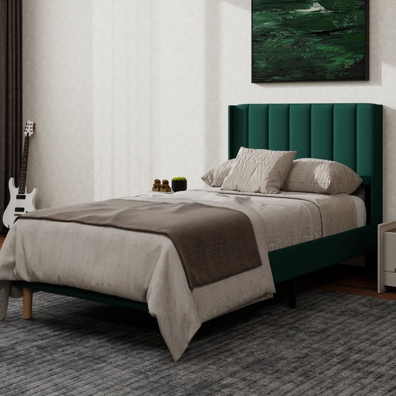 NNV Twin Upholstered Platform Bed with Vertical Channel Tufted Headboard,Wooden Slats Support,Green Velvet