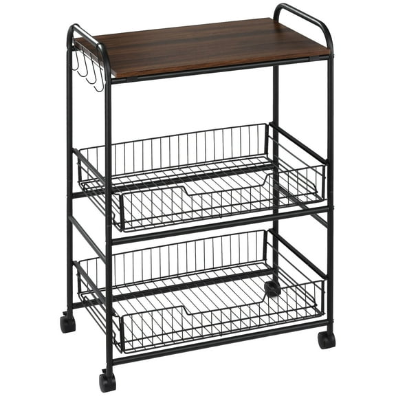 NNYYS 3 Tier Rolling Kitchen Cart with Storage, Kitchen Island Cart on Wheels with 2 Sliding Fruit Basket, Microwave Cart with Side Hooks for Dining Room,Walnut