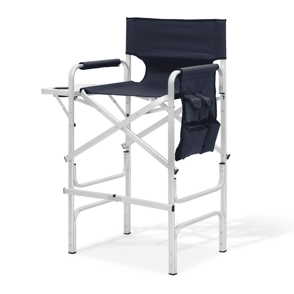 NNYYS 31-Inch Foldable Tall Director Chair Folding Portable Aluminum Frame Makeup Artist Chair, with Side Table, Cup Holder and Pockets,Navy Blue