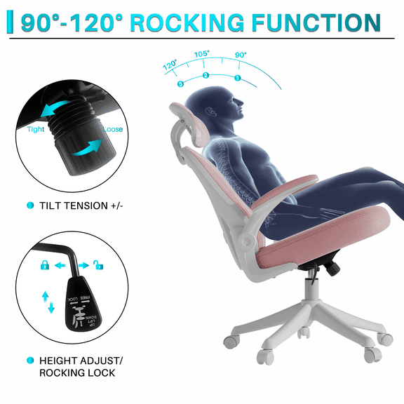 NNYYS Computer Desk Chair, Ergonomic Office Chair with Wheels, High Back Mesh Office Chair with Adjustable Lumbar Support, Headrest, Flip-Up Armrests,Pink