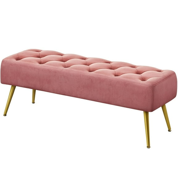 NNYYS Modern Ottoman Bench, Soft Velvet Upholstered Bench Footrest with Sturdy Gold Metal Legs and Plush Padded Seat, Ideal for Living Room,Pink