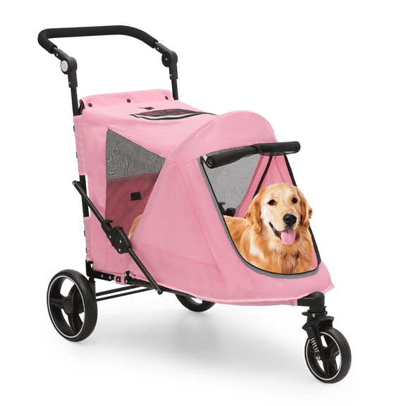 NNYYS Pet Stroller for Large Dogs or Multiple Dogs Cats with Adjustable Handle, 3-Wheels Dual Entry Portable Dog Carting Easy Folding Pet Wagon Double Dog,Pink