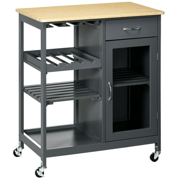 NNYYS Rolling Kitchen Island with Practical Storage, Kitchen Cart with Sturdy Wine Rack – Bar Cart with Secure Stemware Holder, Utility Shelves, Smooth Drawer and Cabinet,Grey