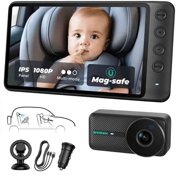NO.1 Magnetic Baby Car Camera, 5'' 1080P IPS Monitor with Auto Night Vision, 360° Rotation & Zoom/Mirror Modes, USB-Powered Baby Monitor for Rear-Facing Car Seats, Includes Car Charger