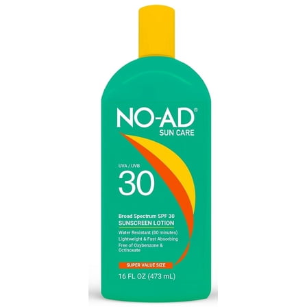NO-AD SPF 30 Sunscreen Lotion | Broad Spectrum UVA/UVB Protection Water Resistant | Octinoxate & Oxybenzone Free with moisturizing Vitamin E and Aloe 16oz