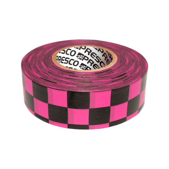 [NO ADHESIVE] Presco PresGlo Checkerboard Patterned Roll Flagging Tape: 1-3/16 in. x 50 yds. (Neon Pink and Black Checkerboard)