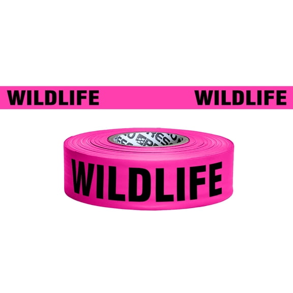 [NO ADHESIVE] Presco PresGlo Printed Roll Flagging Tape [Legends]: 1-1/2 in. x 50 yds. (Neon Pink with Black "WILDLIFE" printing)