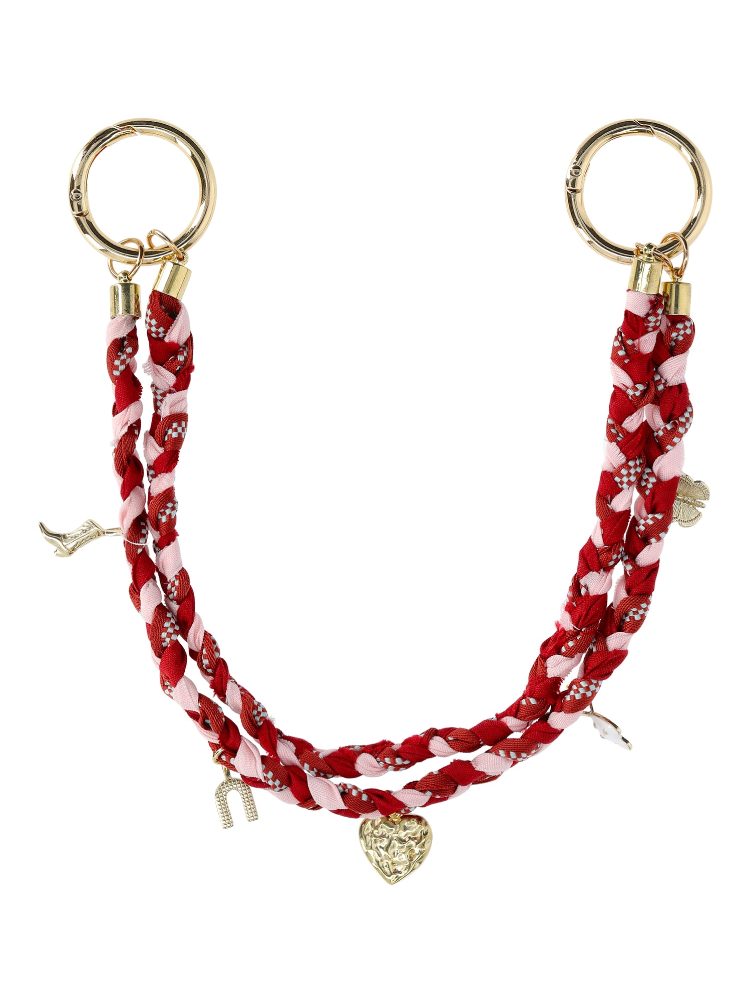 No Boundaries Women's Braided Cord Swag Chain Bag Charm, Pink and Red