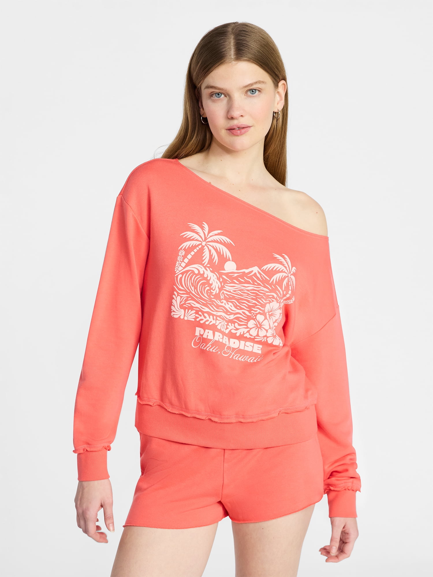 No Boundaries Off the Shoulder Sweatshirt with Long Sleeves, Women’s and Women's Plus XXS-4X
