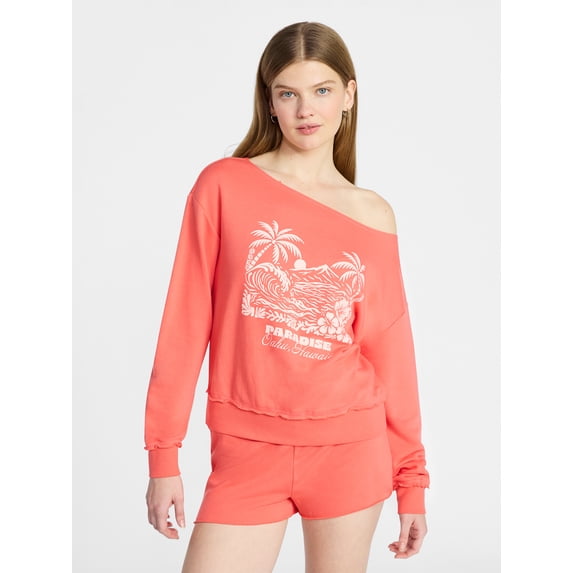 No Boundaries Off the Shoulder Sweatshirt with Long Sleeves, Women’s and Women's Plus XXS-4X