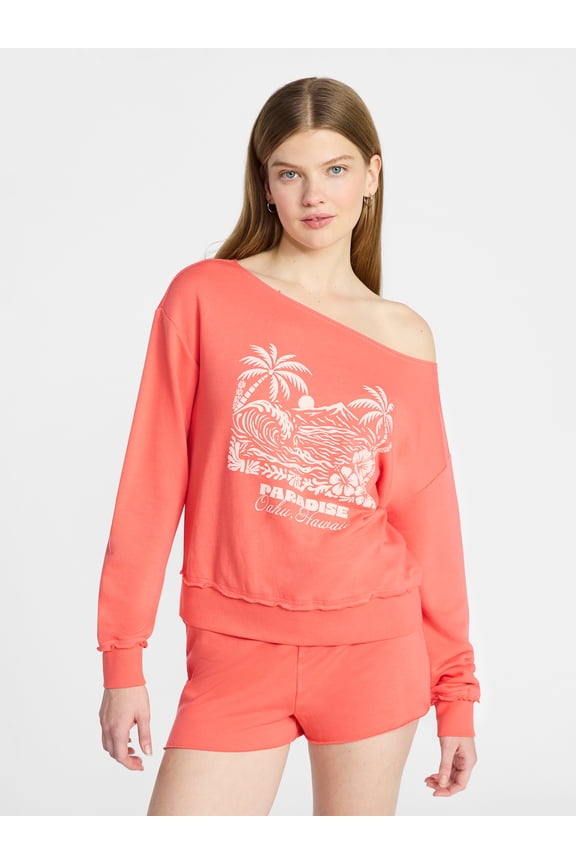 Off the Shoulder Sweatshirt with Long Sleeves, Women’s and Women's Plus XXS-4X