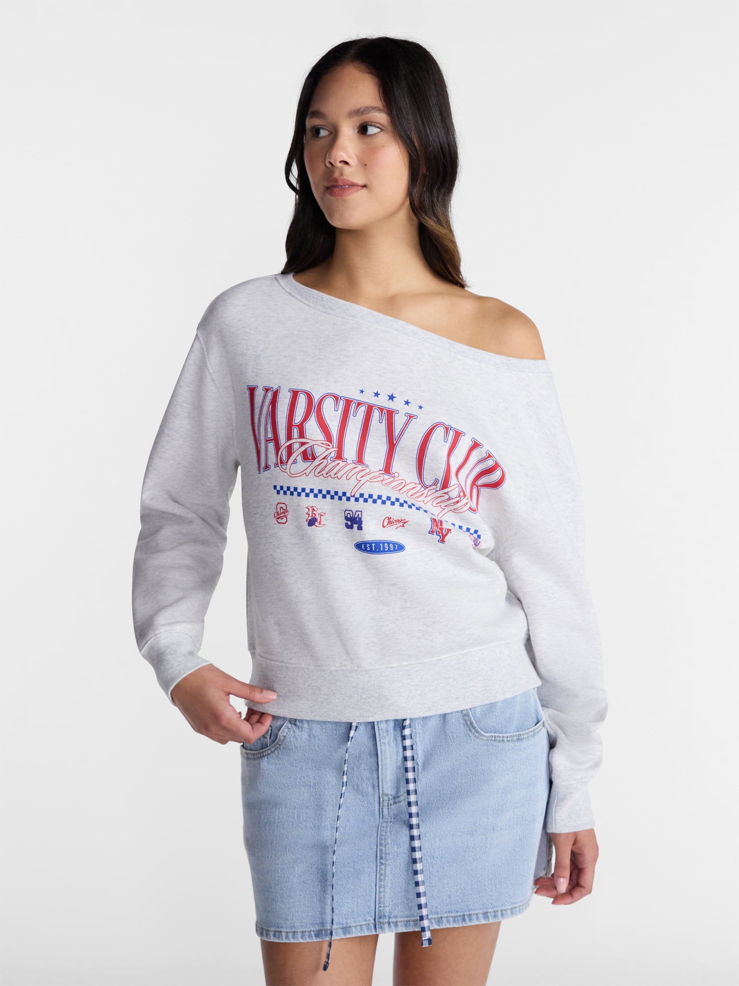 No Boundaries Off the Shoulder Sweatshirt with Long Sleeves, Midweight, Women’s XXS-4X