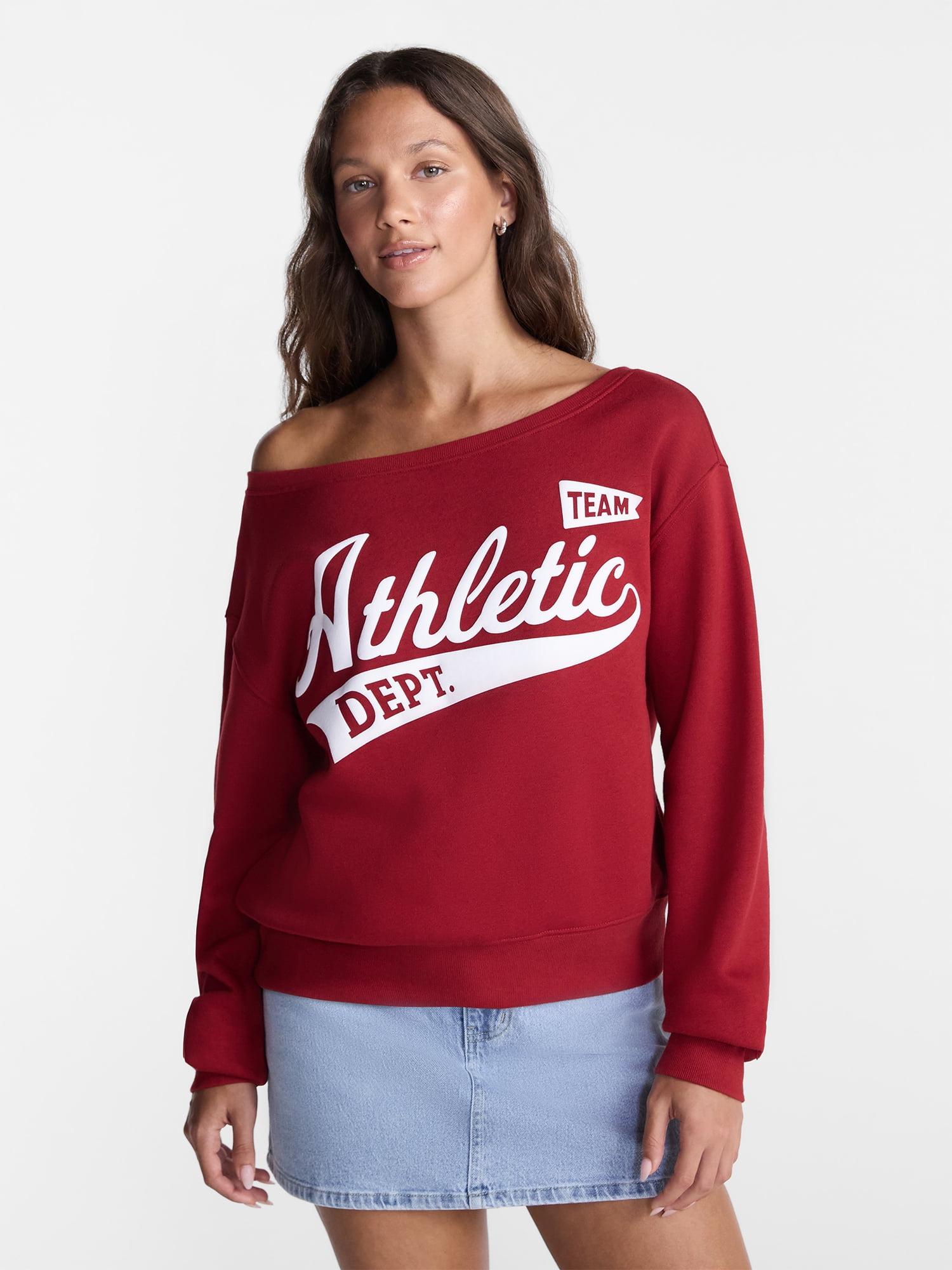 No Boundaries Off the Shoulder Sweatshirt with Long Sleeves, Midweight, Women’s XXS-4X