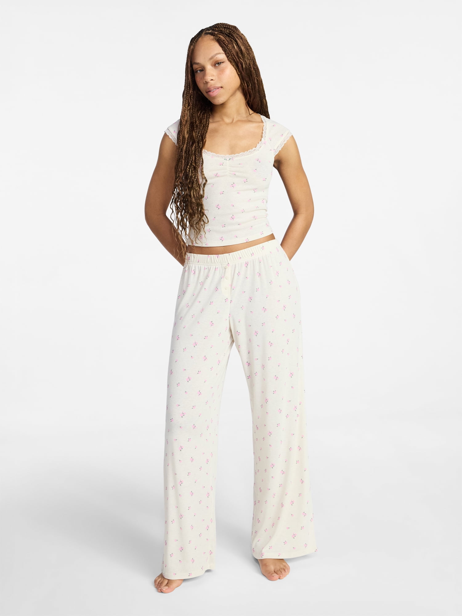 No Boundaries Pointelle Baby Tee and Pants Sleep Set, 2-Piece, Women's XXS-3X