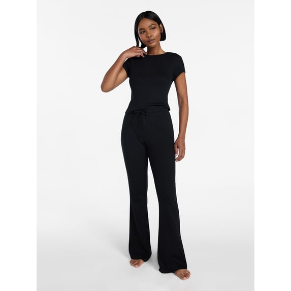 No Boundaries Rib Tee and Pants Sleep Set, 2-Piece, Women's XXS-3X