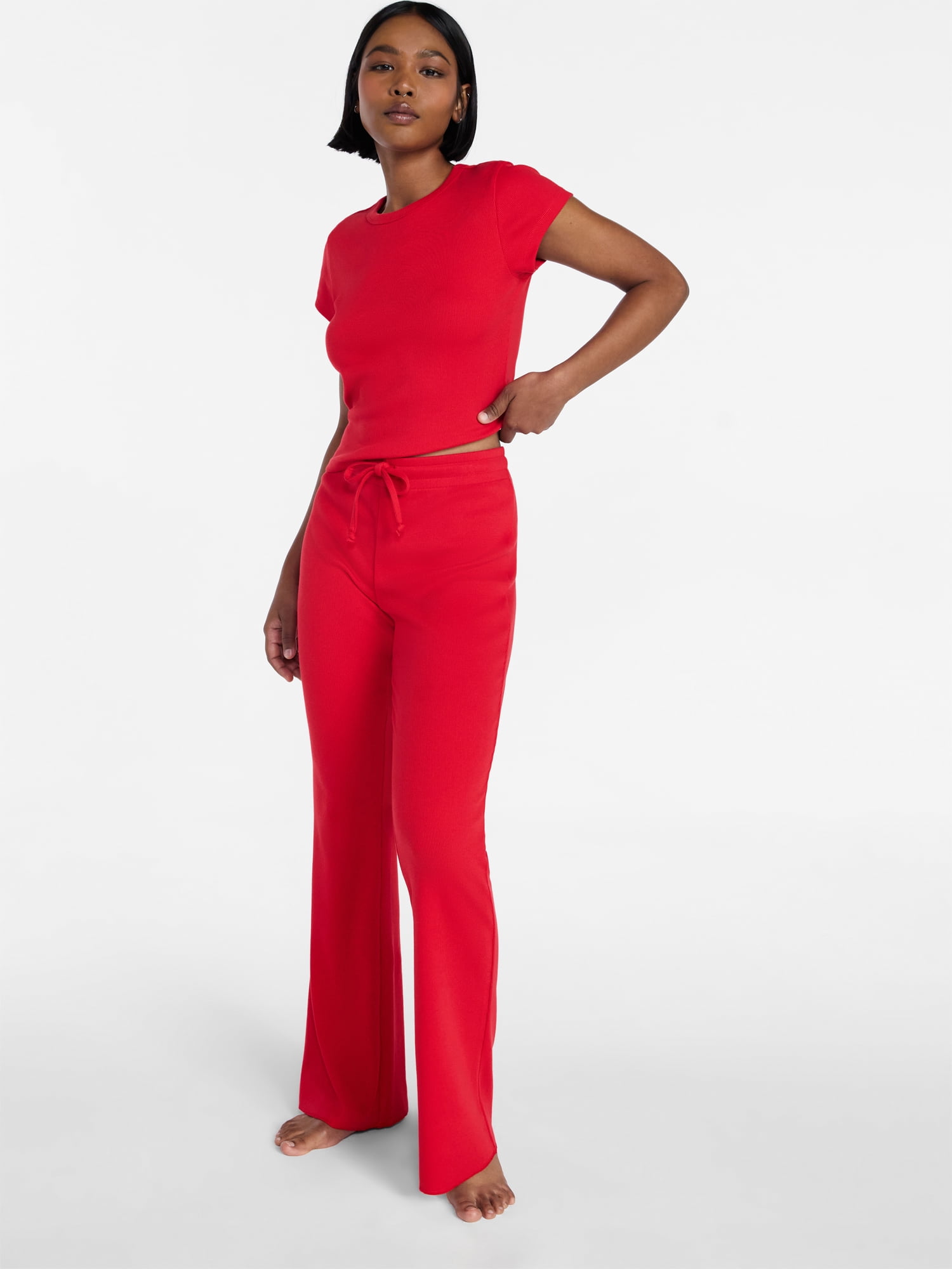 No Boundaries Rib Tee and Pants Sleep Set, 2-Piece, Women's XXS-3X