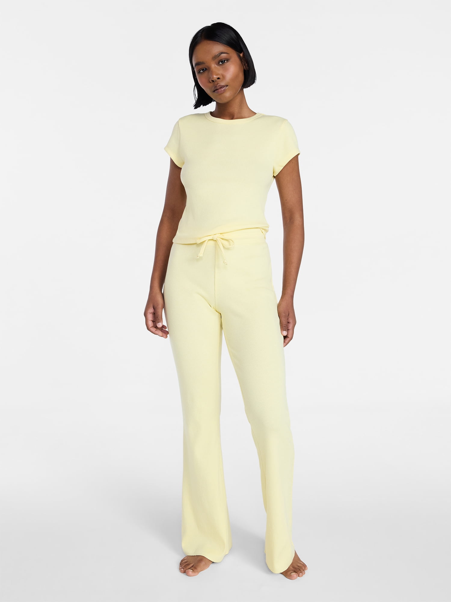 No Boundaries Rib Tee and Pants Sleep Set, 2-Piece, Women's XXS-3X