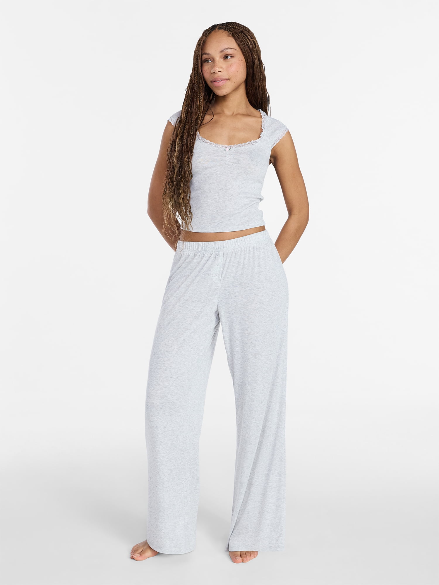 No Boundaries Pointelle Baby Tee and Pants Sleep Set, 2-Piece, Women's XXS-3X