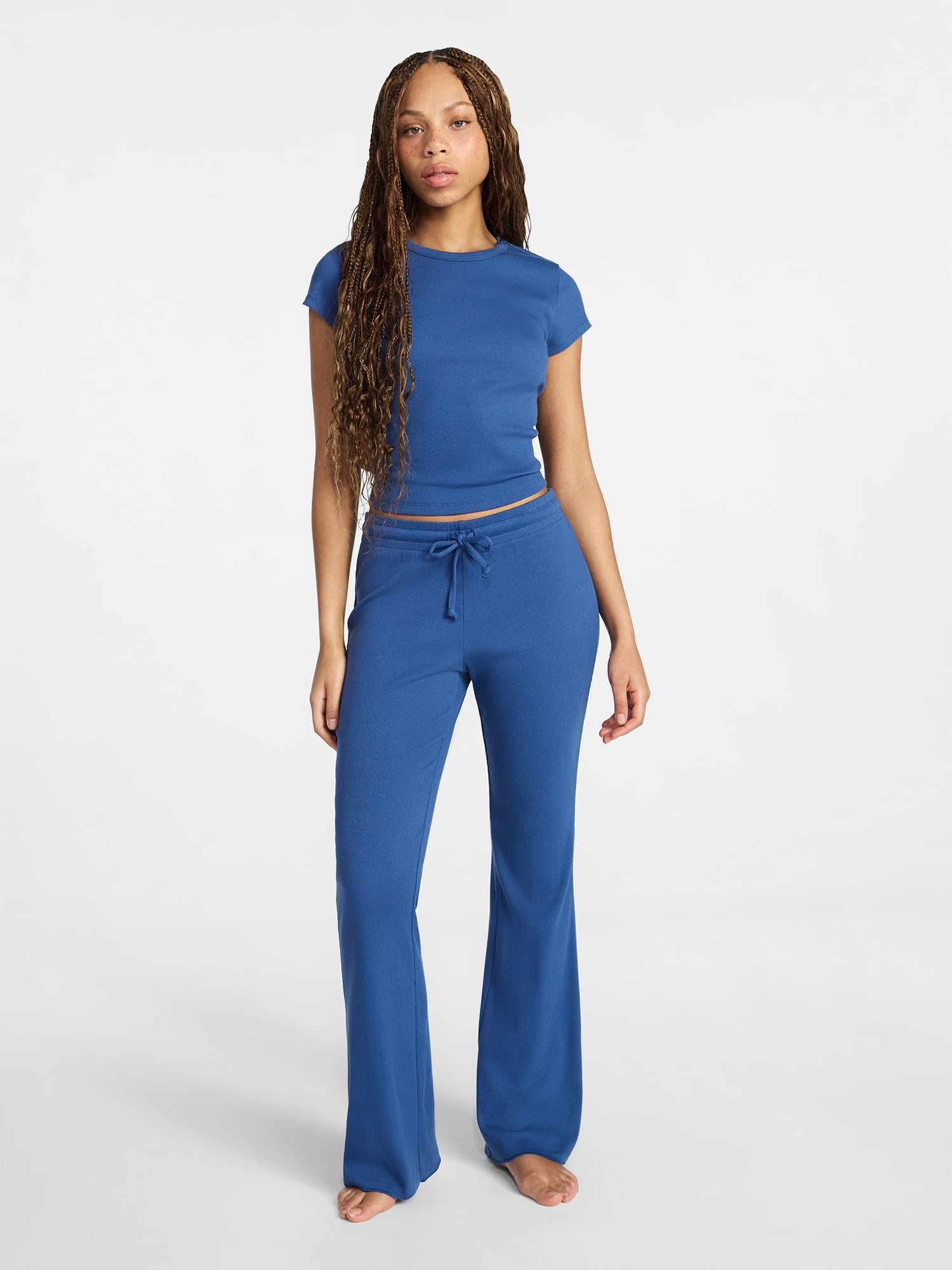 No Boundaries Rib Tee and Pants Sleep Set, 2-Piece, Women's XXS-3X