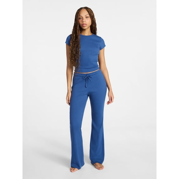 No Boundaries Rib Tee and Pants Sleep Set, 2-Piece, Women's XXS-3X