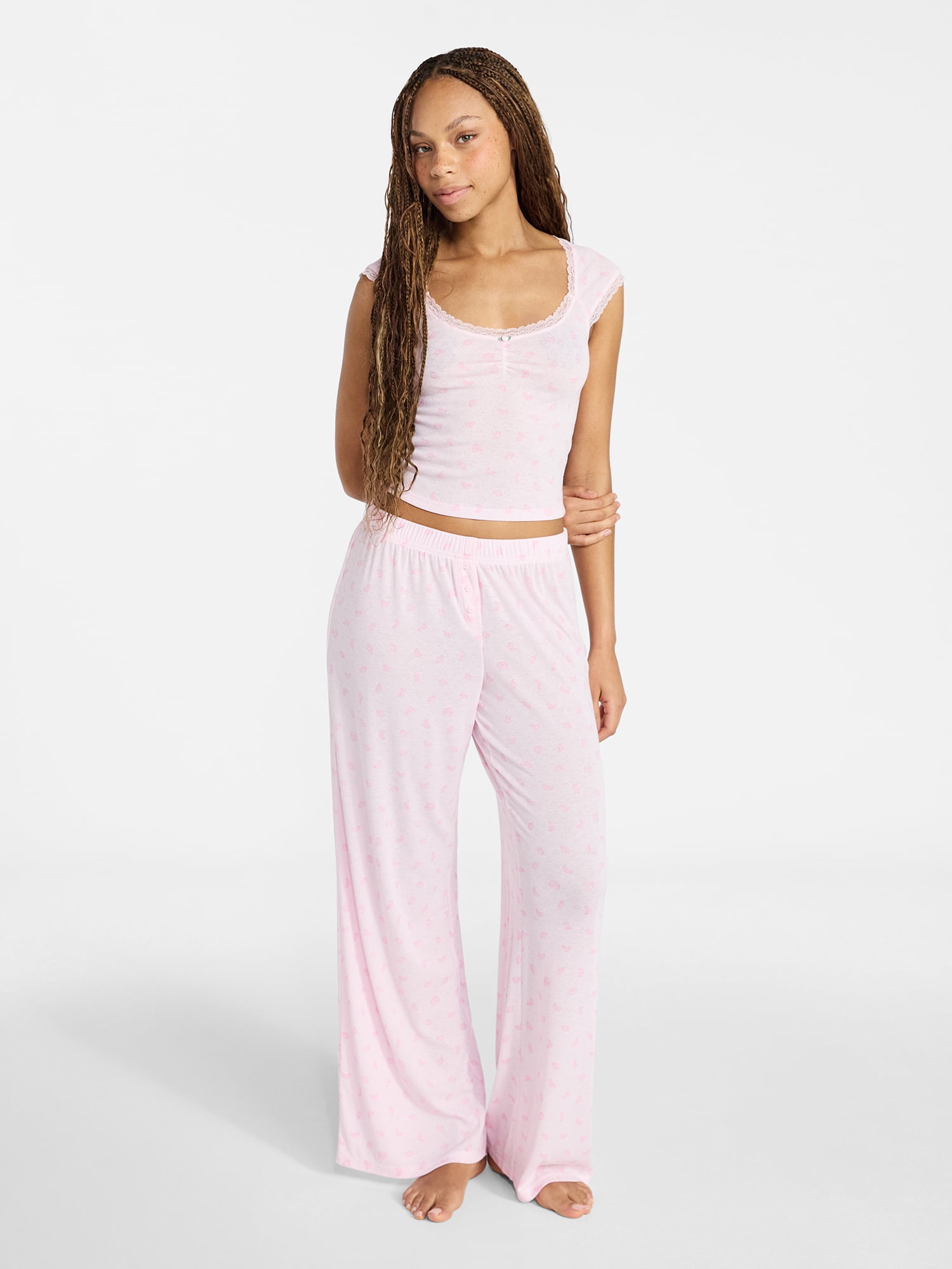 No Boundaries Pointelle Baby Tee and Pants Sleep Set, 2-Piece, Women's XXS-3X