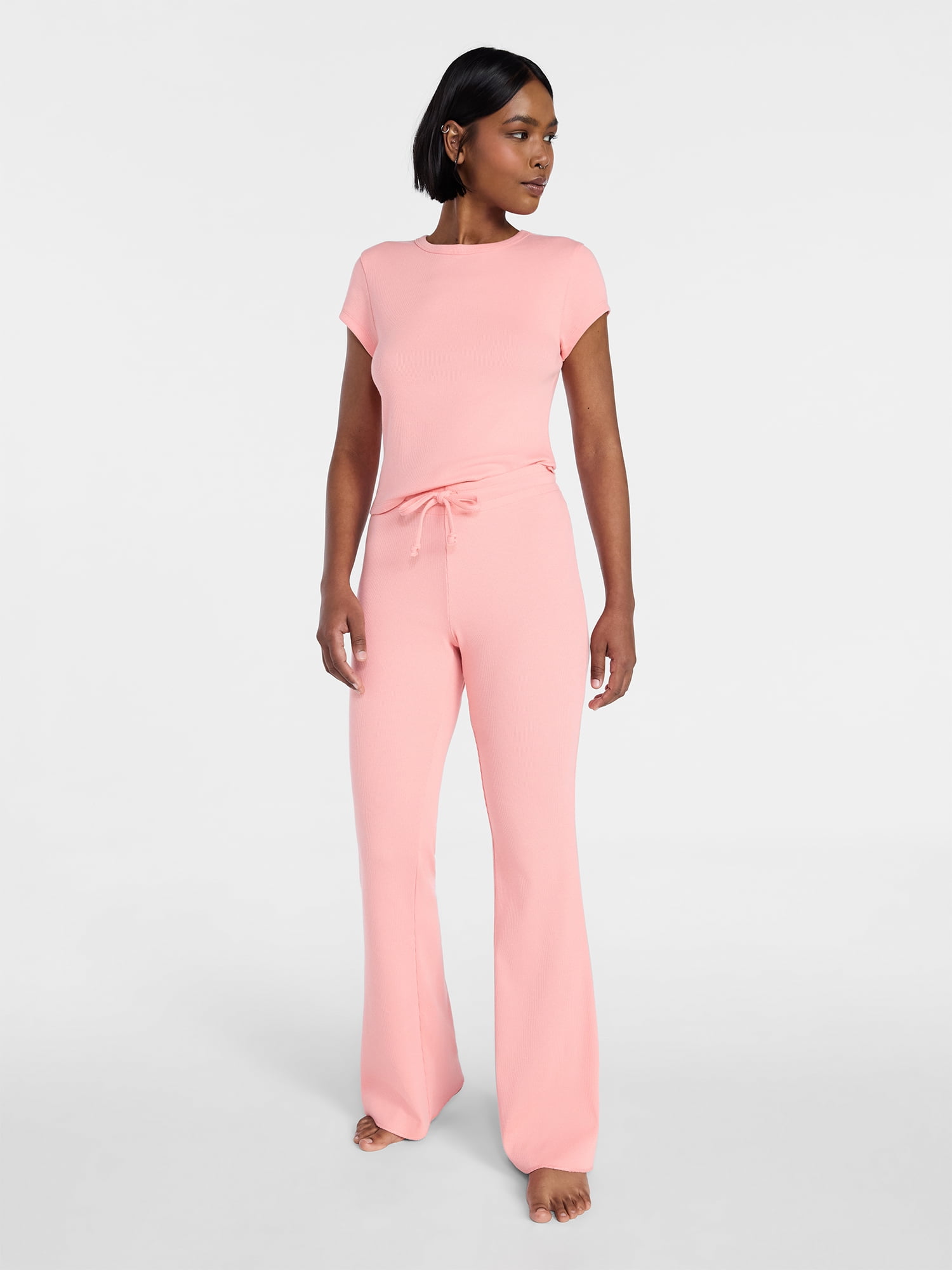 No Boundaries Rib Tee and Pants Sleep Set, 2-Piece, Women's XXS-3X