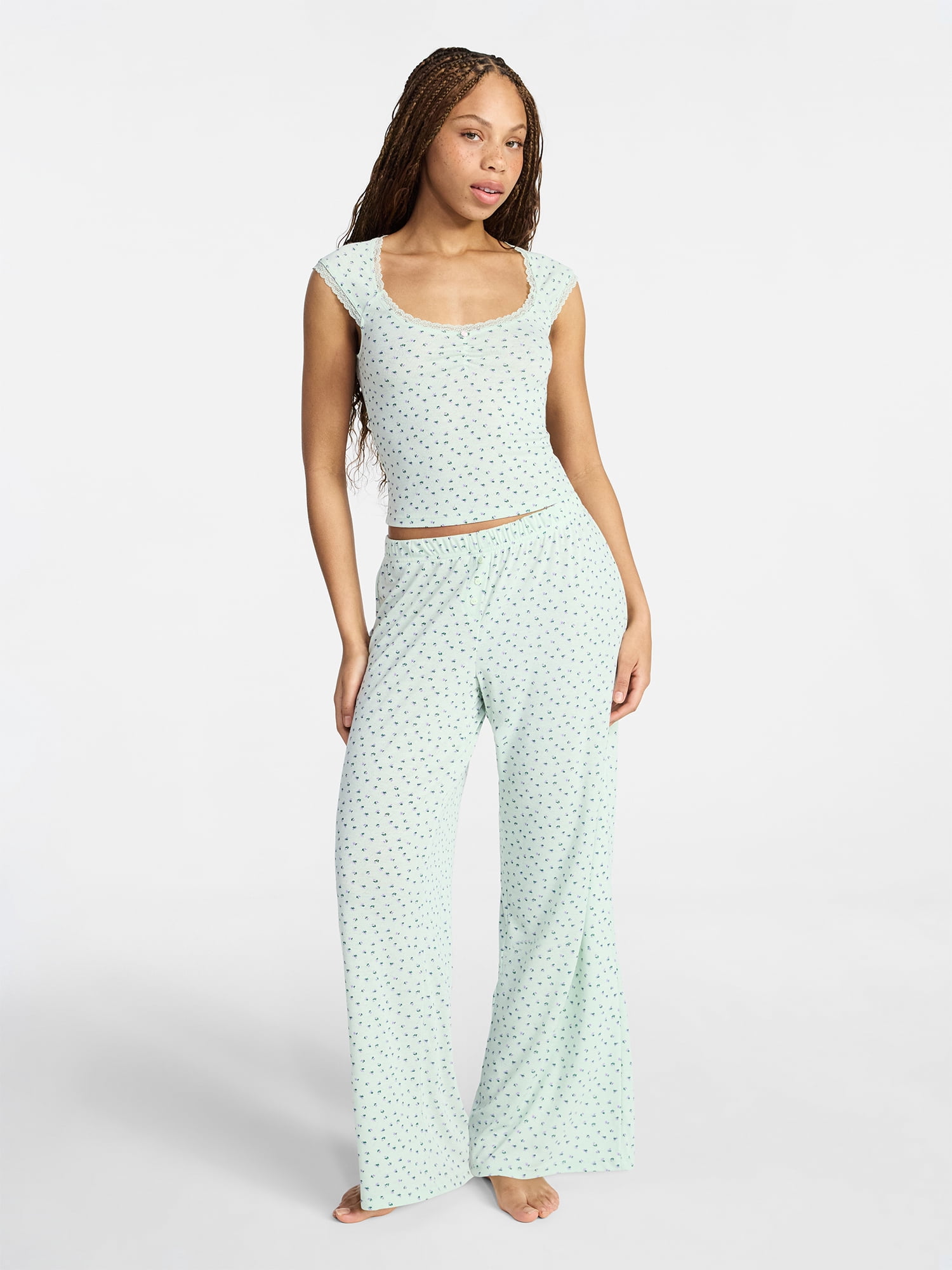 No Boundaries Pointelle Baby Tee and Pants Sleep Set, 2-Piece, Women's XXS-3X