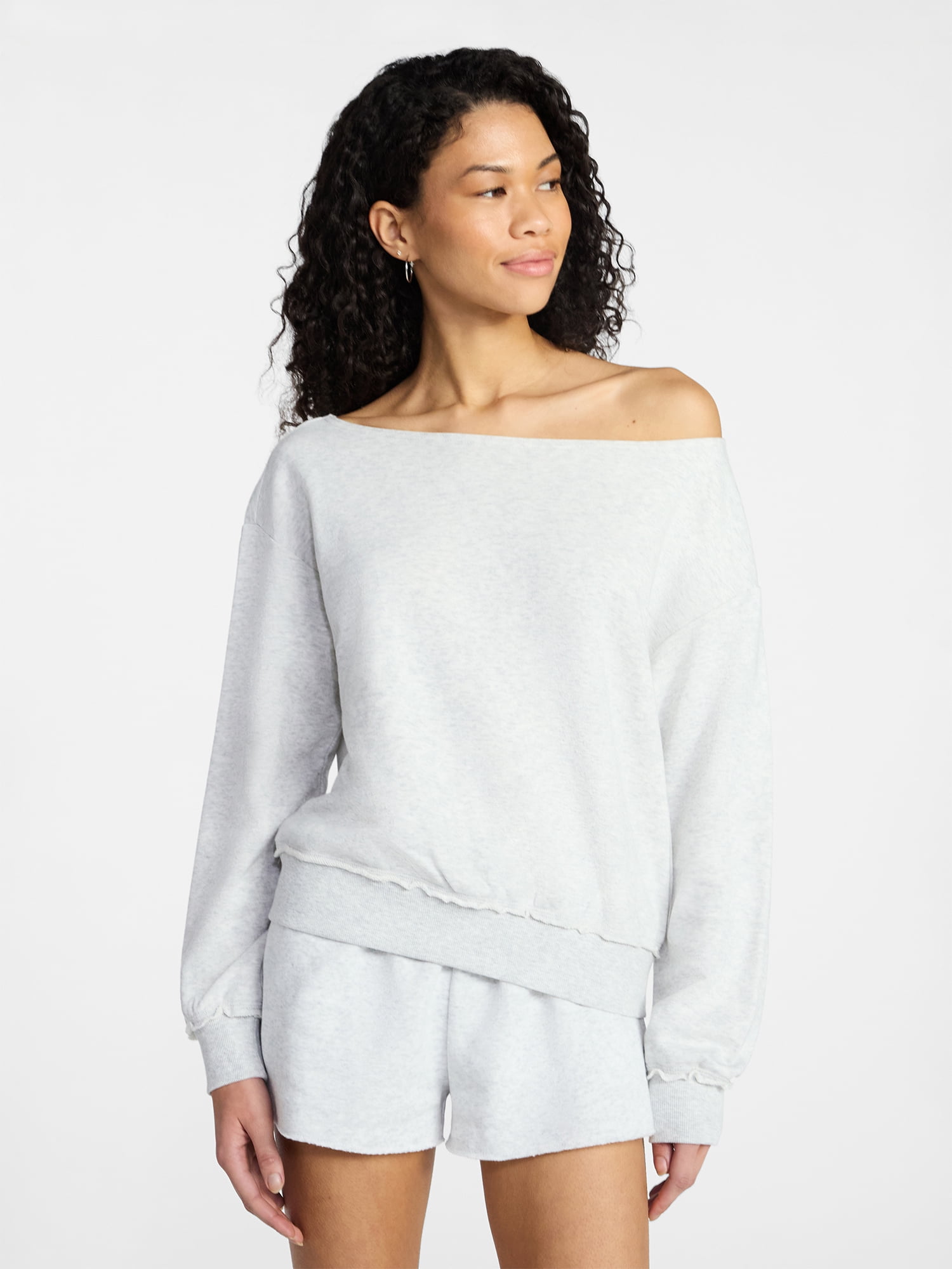 No Boundaries Off-the-Shoulder Sweatshirt with Long Sleeves, Women’s XXS-XXL
