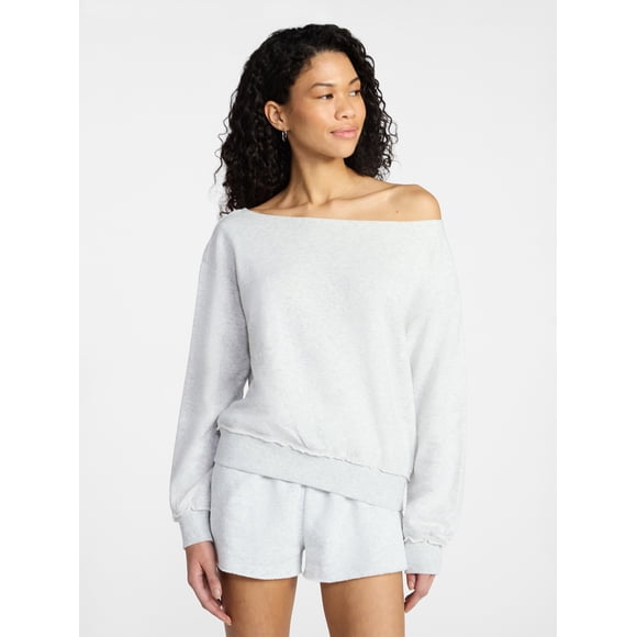 No Boundaries Off-the-Shoulder Sweatshirt with Long Sleeves, Women’s XXS-XXL