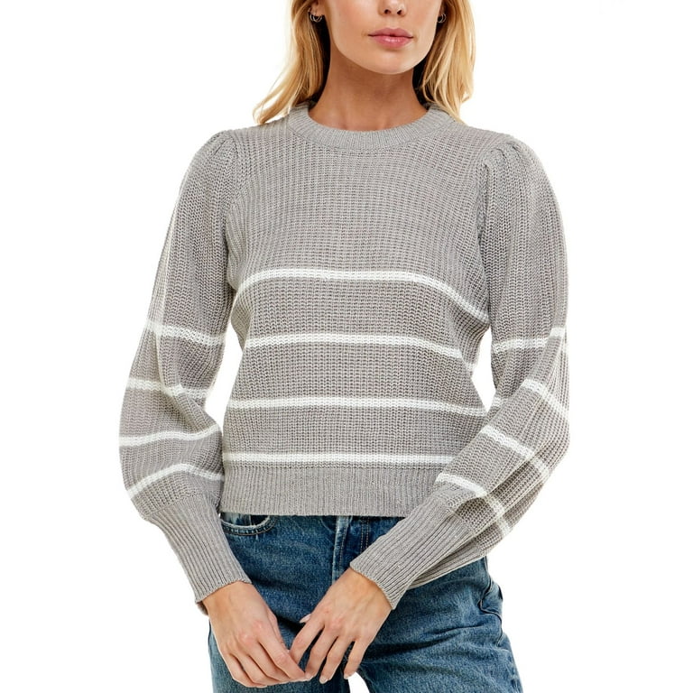 NO COMMENT Juniors Ikeddi Striped Puff Shoulder Sweater