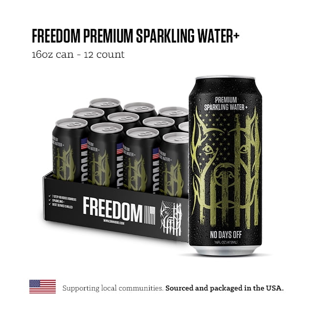 NO DAYS OFF Premium Sparkling Water+ Limited FREEDOM Edition - 16oz Can (12 Packs) - Ultra Purified, MORE Carbonation, Premium Sparkling Water