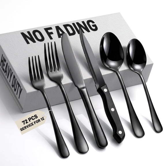 NO-FADING Black Silverware Set | Titanium Black Finish, Rust Resistant, Food-Grade Stainless Steel Cutlery Utensils Set, Mirror Polished & Dishwasher Safe