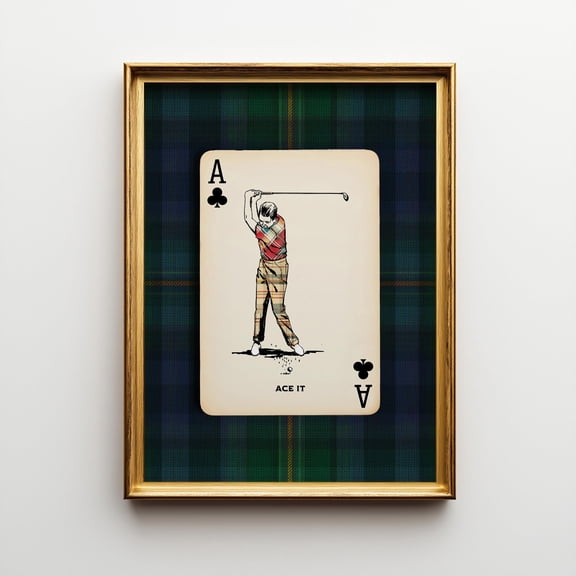 NO FRAME Navy Plaid Golf Poster – Playing Card Wall Art, Vintage Country Club Decor, Preppy Masculine Office Furnishings, Golfer Grandpa Gift