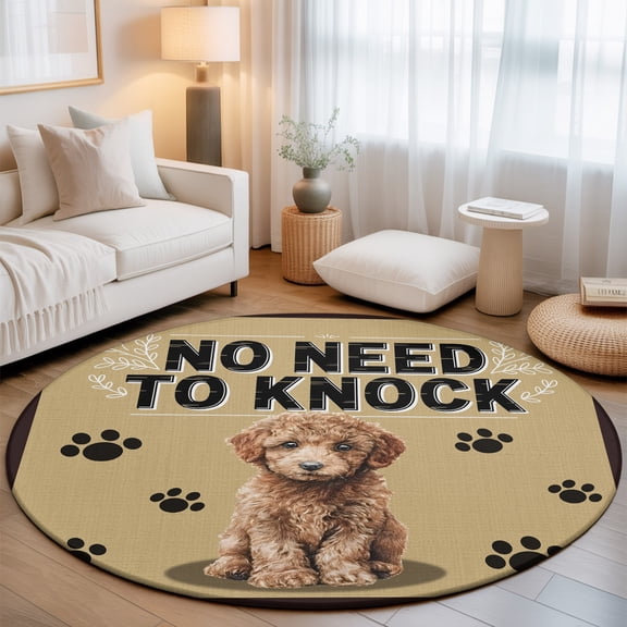 NO NEED TO KNOCK 3.3' Round Rug for Bedroom Reading Corner, Poodle Puppy Paw Prints Pet Lover Farmhouse Washable Non Slip Circle Area Rug
