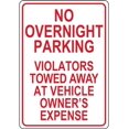 NO OVERNIGHT PARKING VIOLATORS TOWED AWAY AT VEHICLE OWNER'S EXPENSE