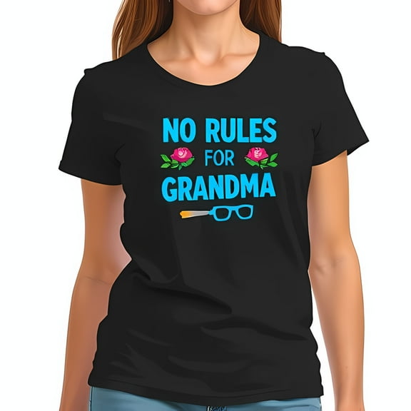 NO RULES FOR GRANDMA Cotton Short Sleeve T-Shirt with Floral Accents & Cartoon Glasses - Fun & Playful Design for Proud Grandmas