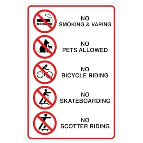 NO SMOKING and VAPING, PETS ALLOWED, BICYCLE RIDING, SKATEBOARDING, SCOTTER RIDING SIGN Public Area Safetys Metal Tin Sign 8 x 12 inch