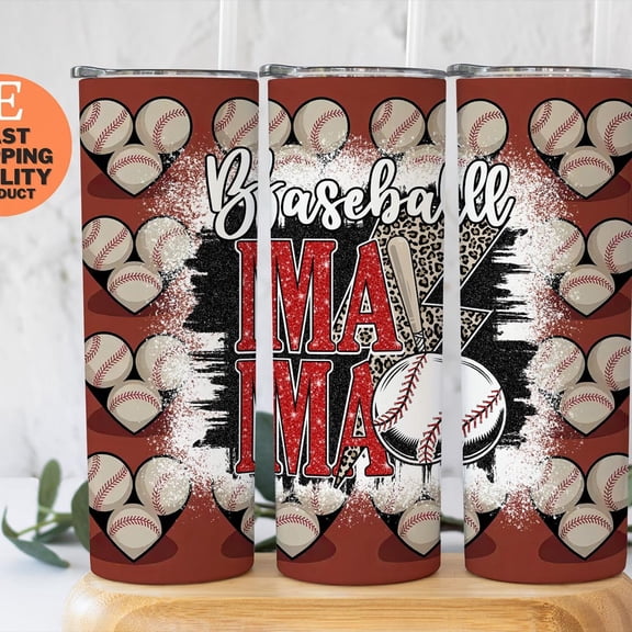 [NO STRAW] Baseball Mom Tumbler, Leopard Print Baseball Cup, Softball Player Gift, Team Mom Appreciation, Red White & Blue Sports Gift