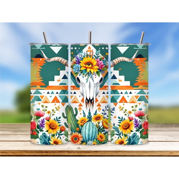 [NO STRAW] Boho Bull Skull Tumbler : Watercolor Cactus Aztec Design