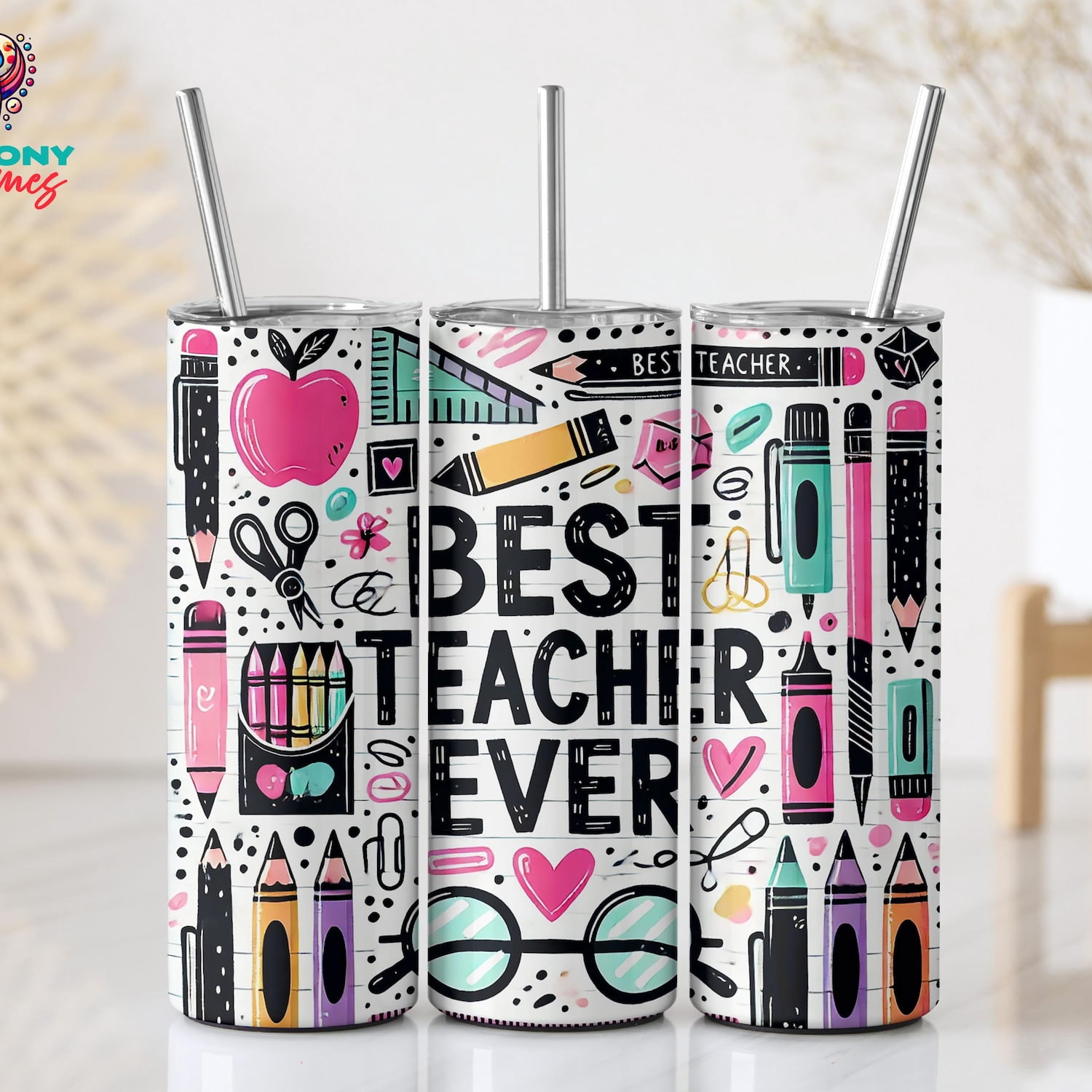 [NO STRAW] Colorful Teacher Tumbler, 20Oz Skinny Stainless Steel Cup, Fun Classroom Supplies Artwork, Cheerful School Theme Design, Appreciation Gift
