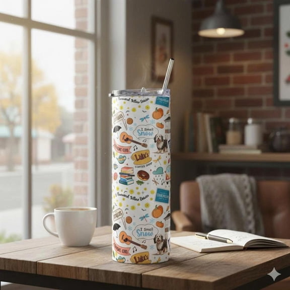 [NO STRAW] Cute Coffee Shop Doodle Tumbler 20oz, Cozy Book Lover Stainless Cup, Dog Illustration Skinny Mug with Straw